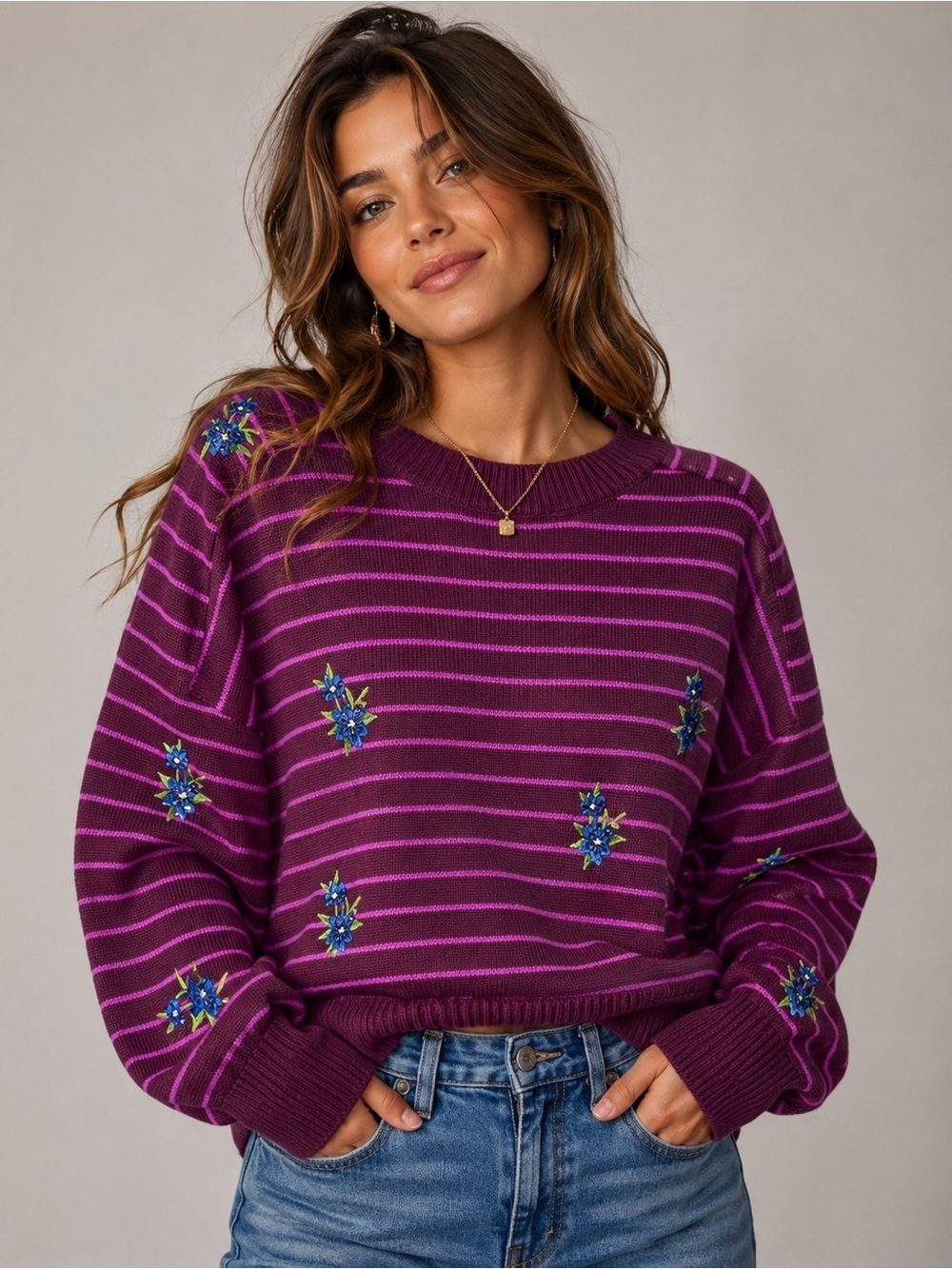 Joseph A. Striped Embroidered Crewneck Sweater XXL Purple Pink Floral artsy